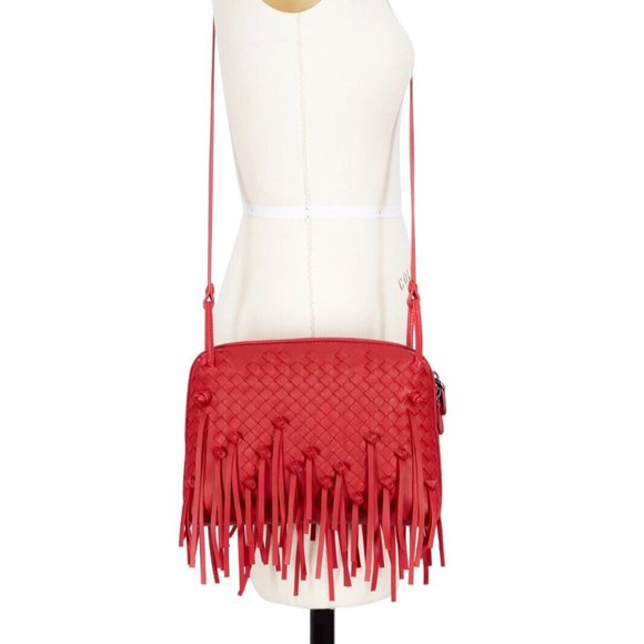 BOTTEGA VENETA Pillow Red Woven Leather Fringe Crossbody Bag/Handbag. Small. - Picture 3 of 16
